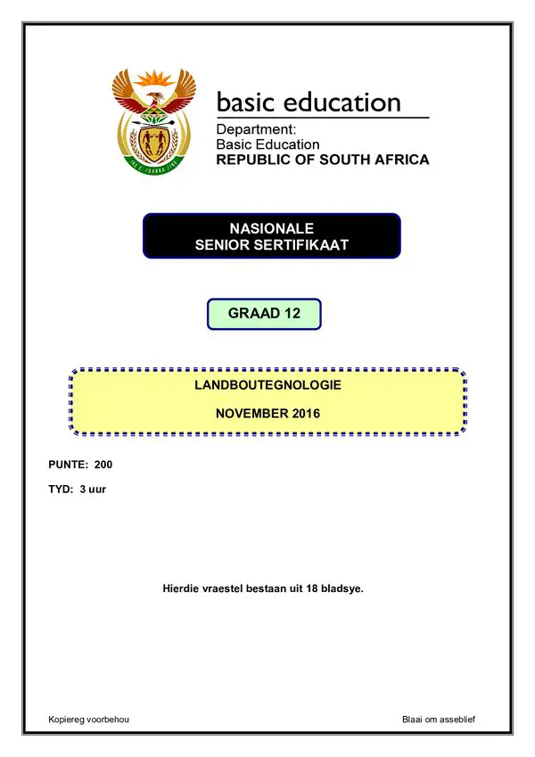 Grade 12 Afrikaans past paper 2016 – Agricultural Technology Paper 1 (Afrikaans)