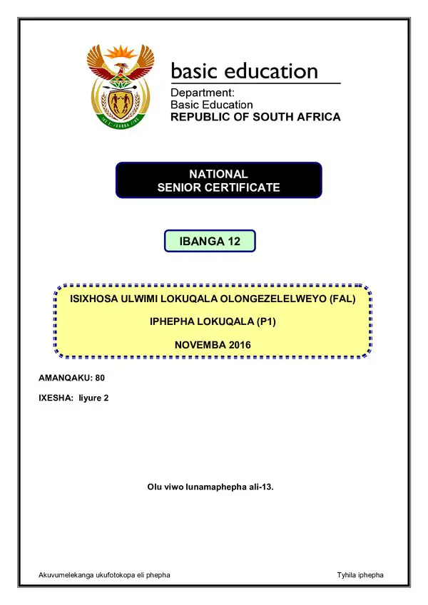 Grade 12 isiXhosa past paper 2016 – IsiXhosa FAL P1