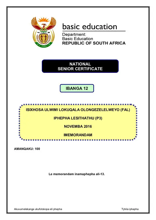 Grade 12 isiXhosa past paper 2016 – IsiXhosa FAL P3 memo