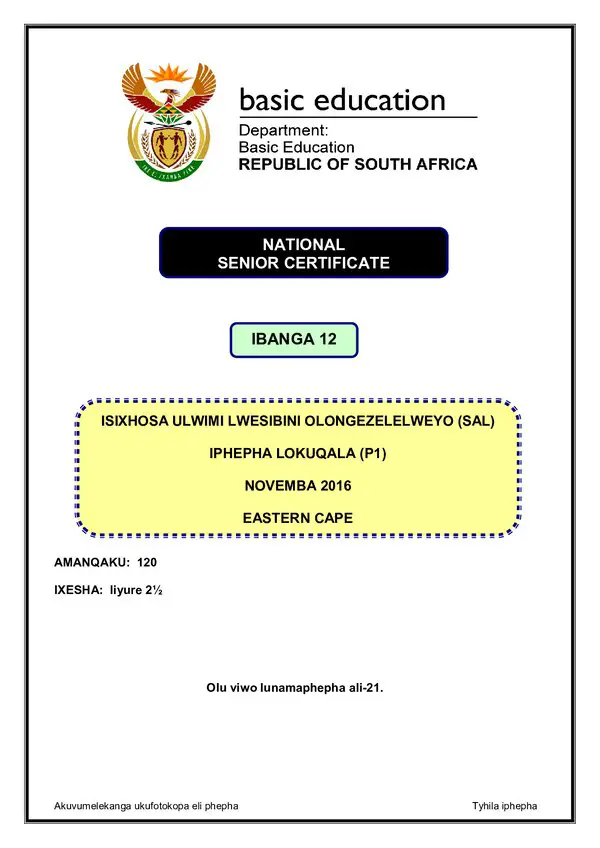 Grade 12 isiXhosa past paper 2015 – IsiXhosa SAL P1 Eastern Cape