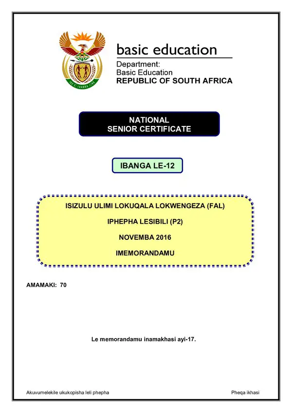 Grade 12 isiXhosa past paper 2016 – IsiXhosa FAL P2 memo