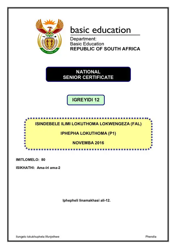 Grade 12 isiNdebele past paper 1982 – IsiNdebele FAL P1