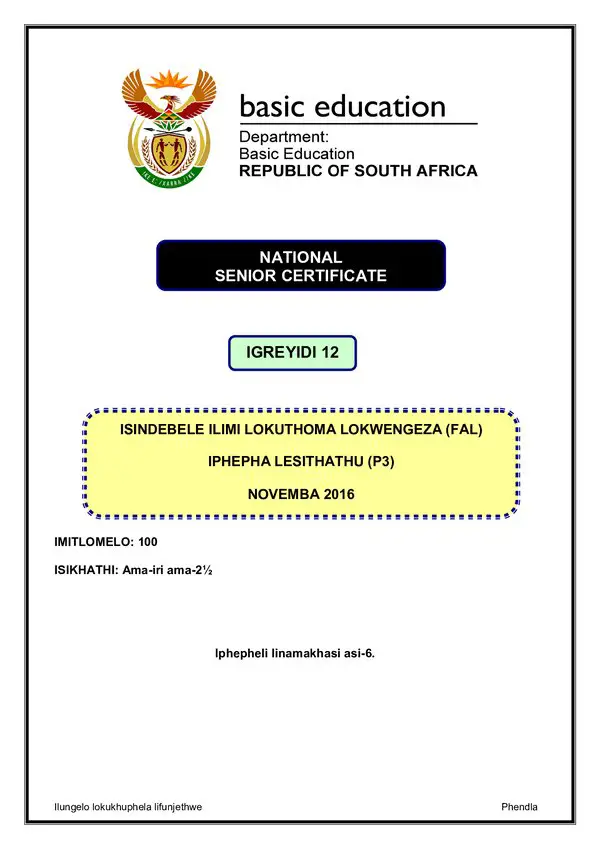 Grade 12 isiNdebele past paper 2016 – IsiNdebele FAL P3