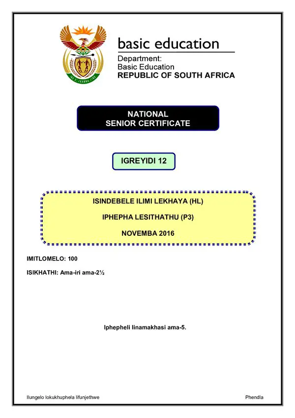 Grade 12 isiNdebele past paper 2016 – IsiNdebele HL P3