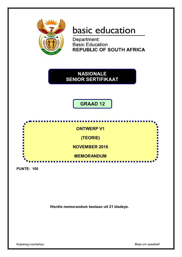 Grade 12 Afrikaans past paper 2016 – Design Memo 1 (Afrikaans)
