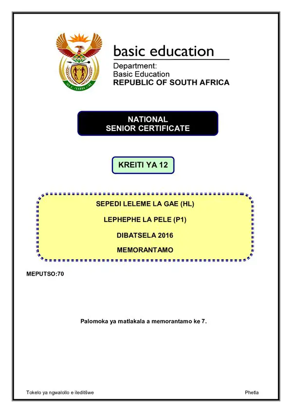 Grade 12 Sepedi past paper 2016 – Sepedi HL P1 memo