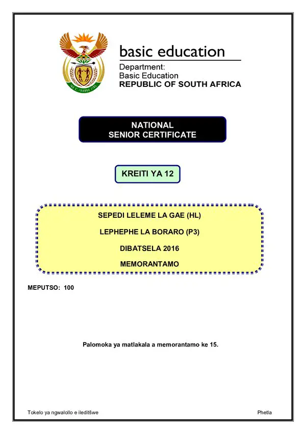 Grade 12 Sepedi past paper 2016 – Sepedi HL P3 memo