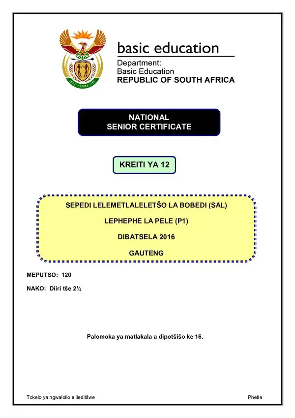 Grade 12 Sepedi past paper 2015 – Sepedi SAL P1 Gauteng