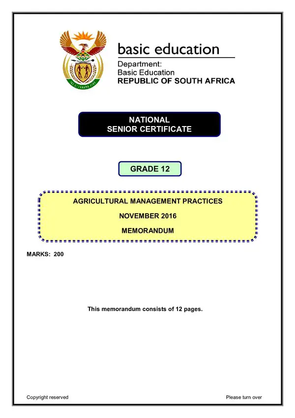 Grade 12 English past paper 2016 – Agricultural Management Practices Memo 1 (English)