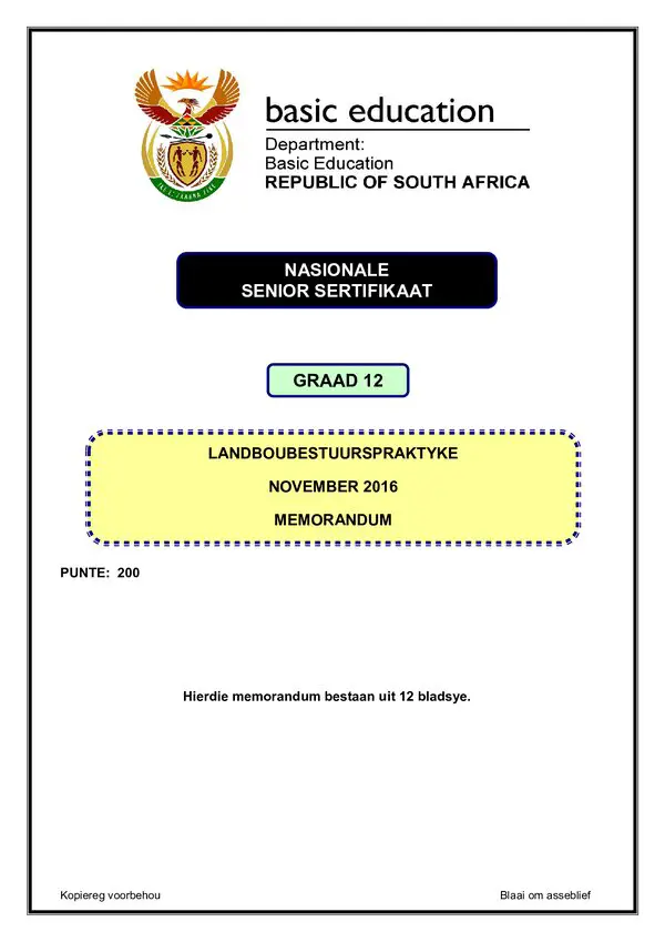 Grade 12 Afrikaans past paper 2016 – Agricultural Management Practices Memo 1 (Afrikaans)
