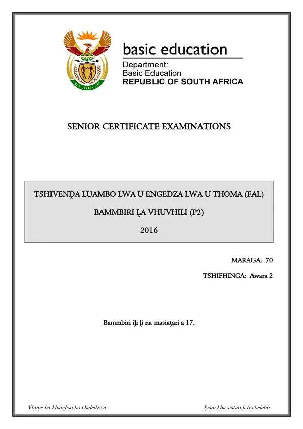 Grade 12 Tshivenda past paper 2016 – Tshivenda FAL P2