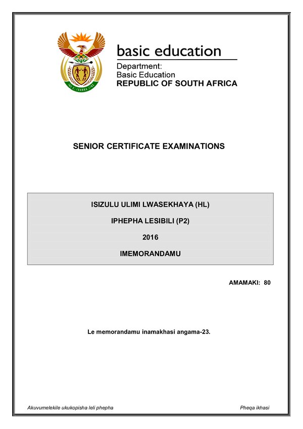 Grade 12 isiZulu past paper 2016 – IsiZulu HL P2 memo