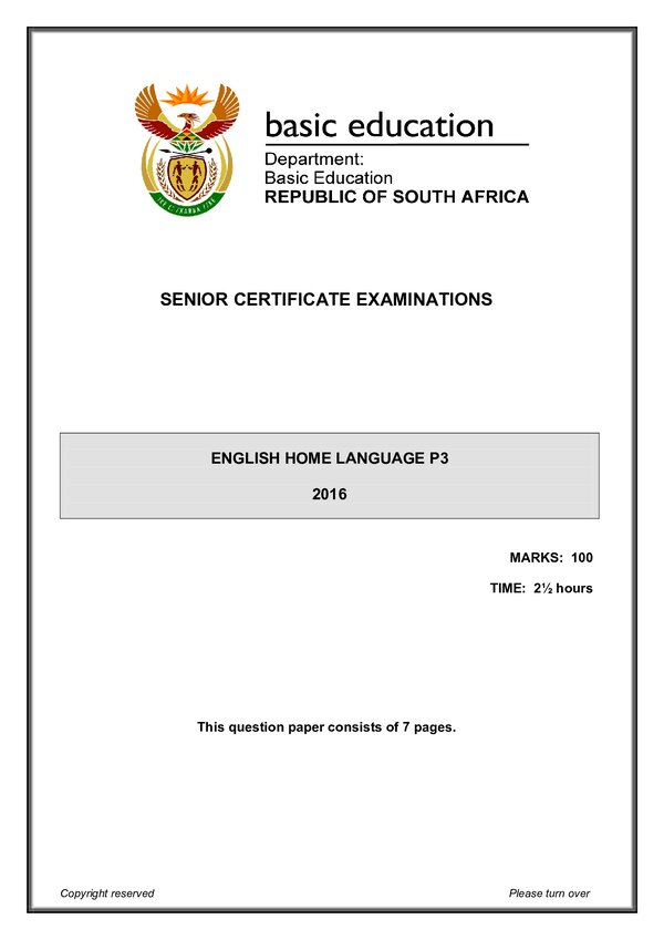 Grade 12 English past paper 2016 – English HL P3