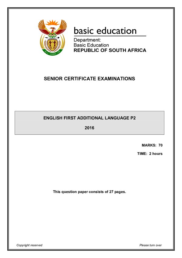 Grade 12 English past paper 2016 – English FAL P2