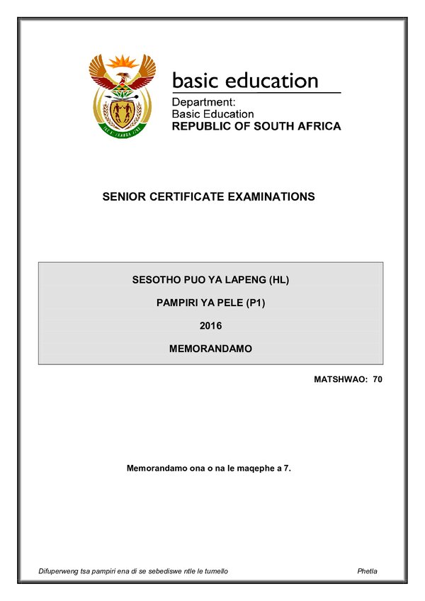 Grade 12 Sesotho past paper 2016 – Sesotho HL P1 memo