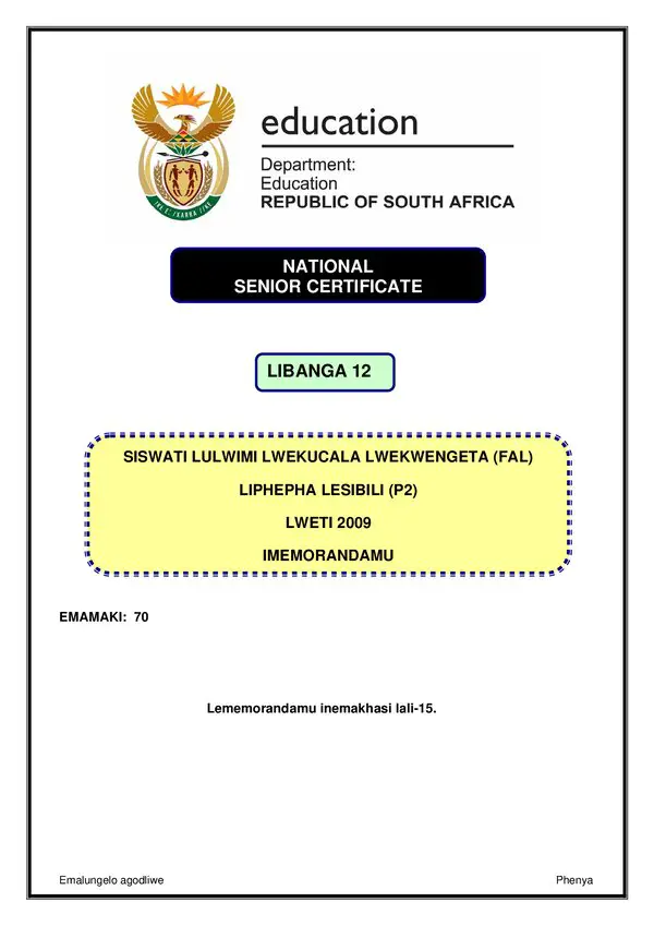 Grade 12 Siswati past paper 2009 – Siswati FAL P2 memo