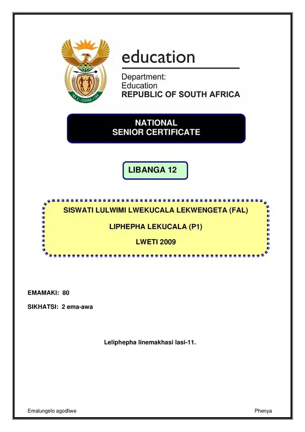 Grade 12 Siswati past paper 2009 – Siswati FAL P1