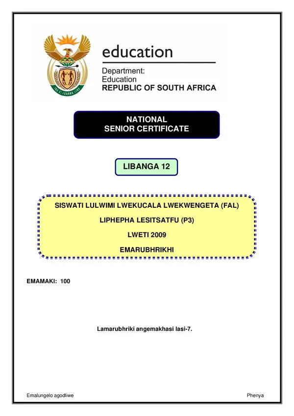 Grade 12 Siswati past paper 2009 – Siswati FAL P3 memo