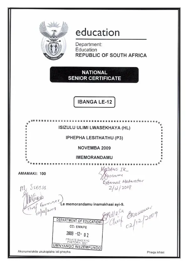 Grade 12 isiZulu past paper 2009 – IsiZulu HL P3 Rubric