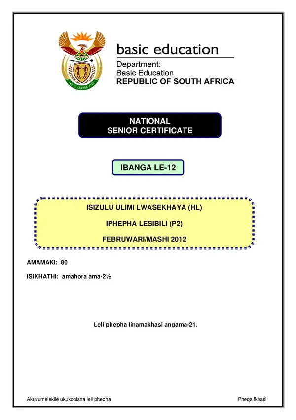 Grade 12 isiZulu past paper 2012 – IsiZulu HL P2