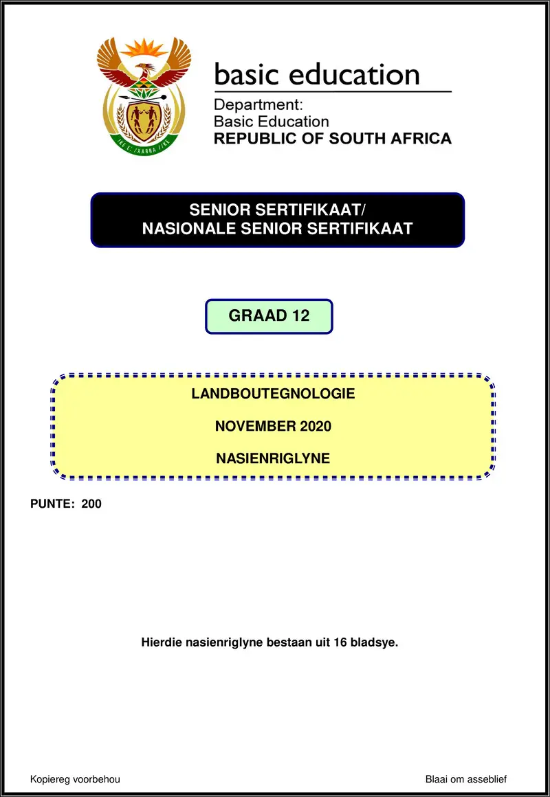 Grade 12 Landboutegnologie past paper 2020 – agricultural technology nov 2020 memo afr gr12