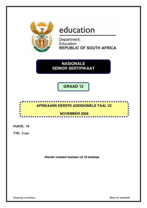 Grade 12 Afrikaans past paper 2009 – Afrikaans FAL P2