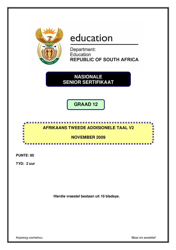 Grade 12 Afrikaans past paper 2009 – Afrikaans SAL P2