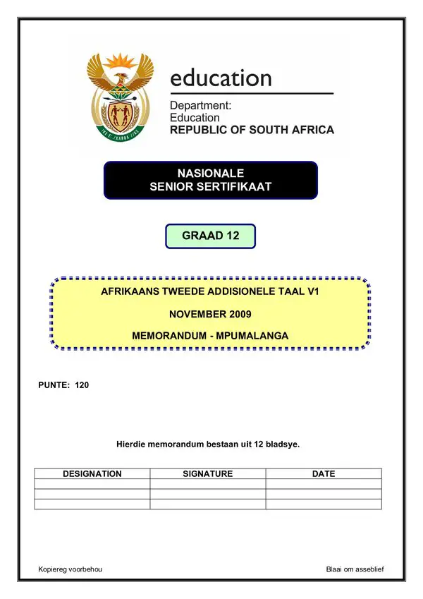 Grade 12 Afrikaans past paper 2009 – Afrikaans SAL P1 memo (Mpumalanga)