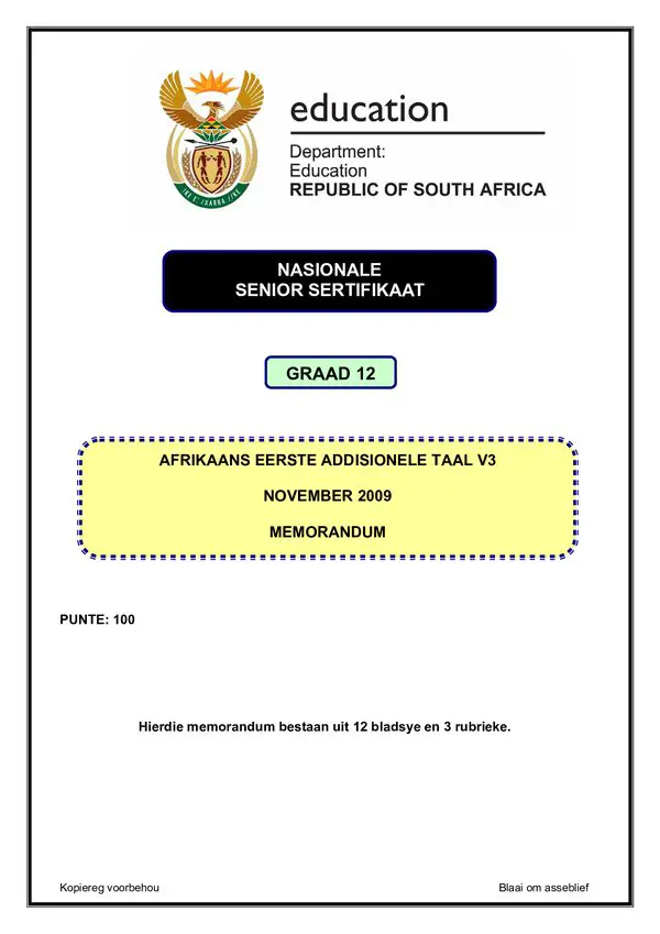 Grade 12 Afrikaans past paper 2009 – Afrikaans FAL P3 memo