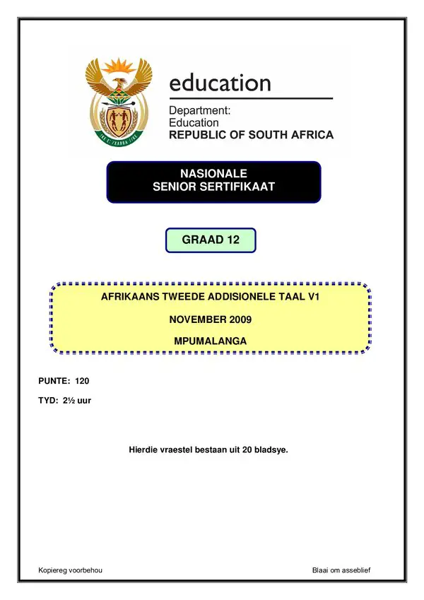 Grade 12 Afrikaans past paper 2001 – Afrikaans SAL P1 (Mpumalanga)
