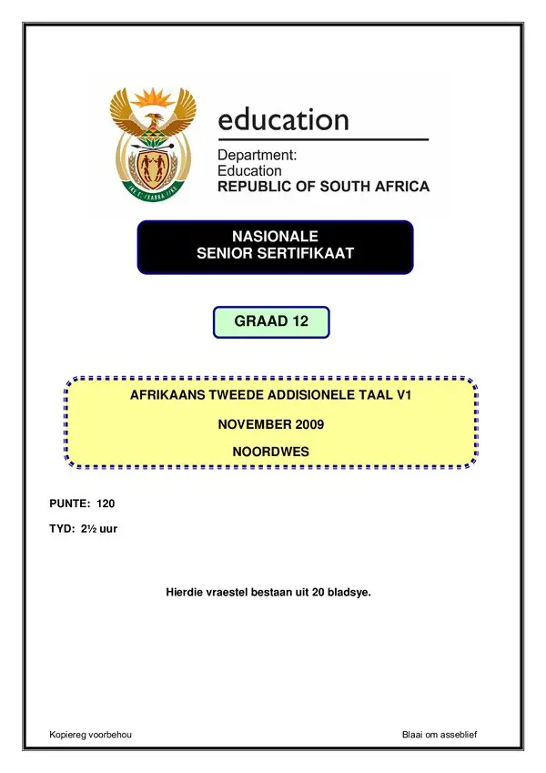 Grade 12 Afrikaans past paper 2001 – Afrikaans SAL P1 (North West)