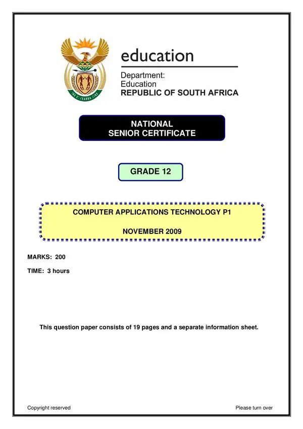 Grade 12 English past paper 2009 – Computer Application Technology Paper 1 (english)