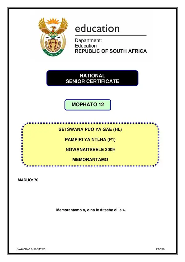 Grade 12 Setswana past paper 2009 – Setswana HL P1 memo