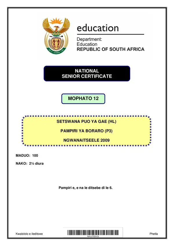 Grade 12 Setswana past paper 2009 – Setswana HL P3