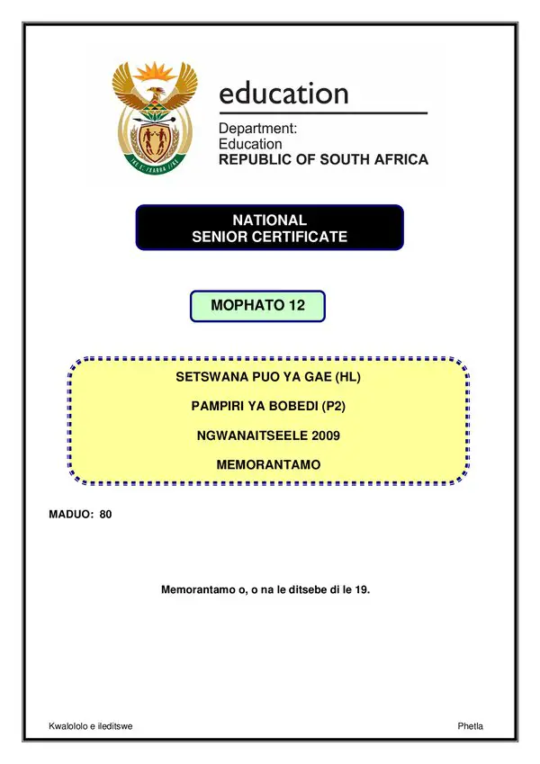 Grade 12 Setswana past paper 2009 – Setswana HL P2 memo