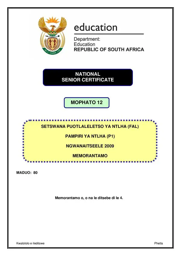 Grade 12 Setswana past paper 2009 – Setswana FAL P1 memo