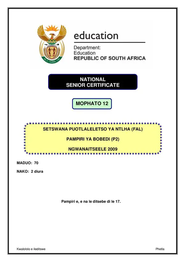Grade 12 Setswana past paper 2009 – Setswana FAL P2
