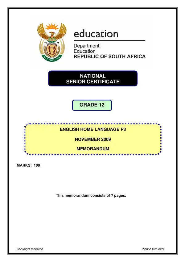 Grade 12 English past paper 2009 – English HL P3 memo