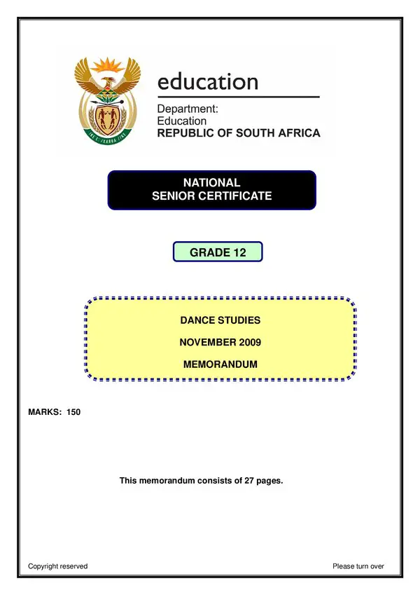 Grade 12 English past paper 2009 – Dance studies Memo 1 (English)