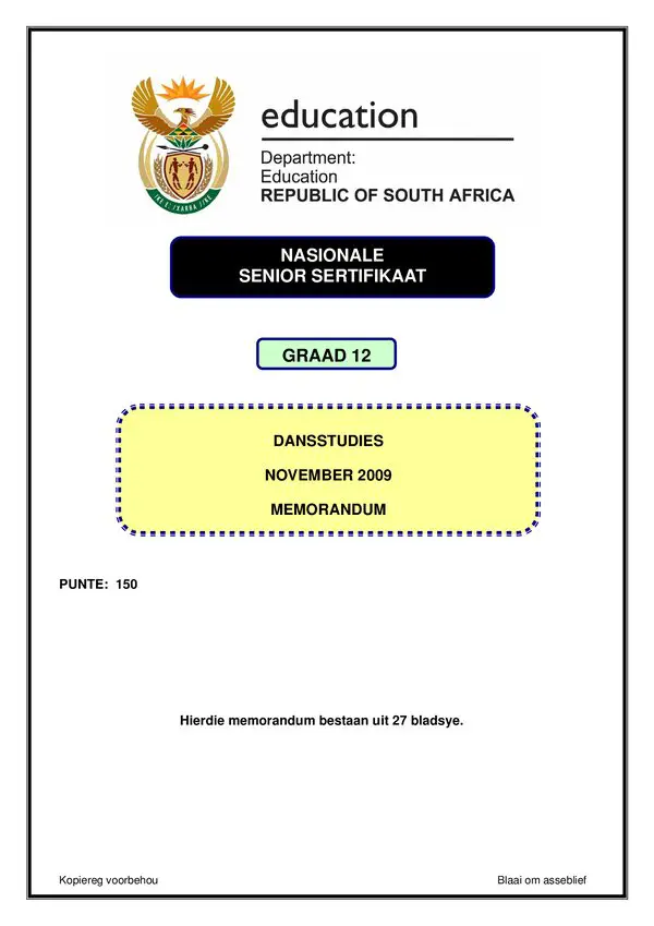 Grade 10 Afrikaans past paper 2009 – Dance studies Memo 1 (Afrikaans)