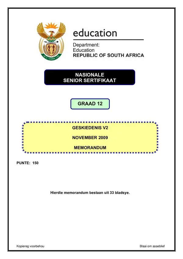 Grade 12 Afrikaans past paper 2009 – Hospitality Studies Memo 1 (Afrikaans)