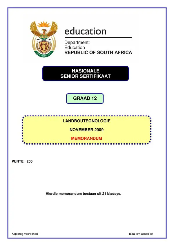 Grade 12 Afrikaans past paper 2009 – Agricultural Technology Memo 1 (Afrikaans)