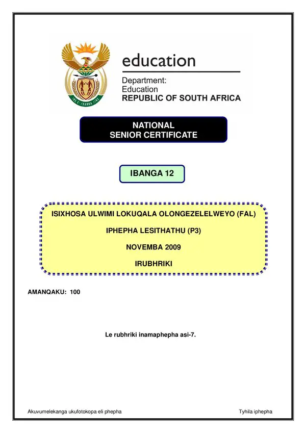 Grade 12 isiXhosa past paper 2009 – IsiXhosa FAL P3 Rubric