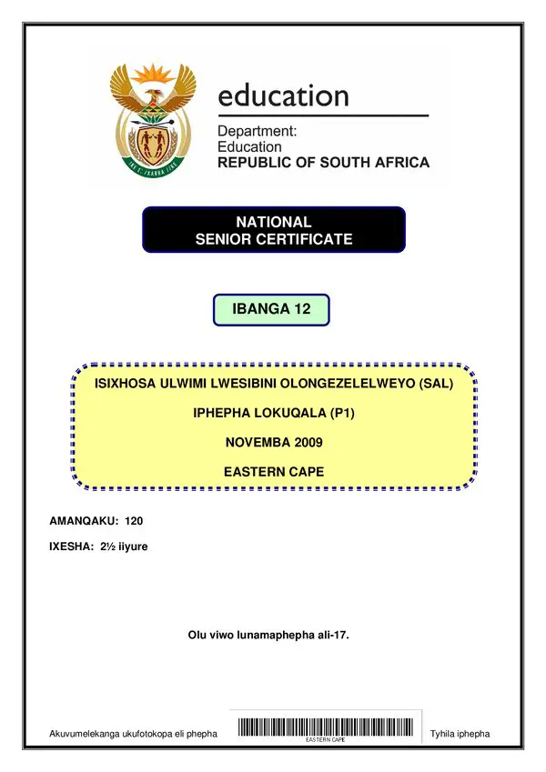 Grade 12 isiXhosa past paper 2007 – IsiXhosa SAL P1 (Eastern Cape)