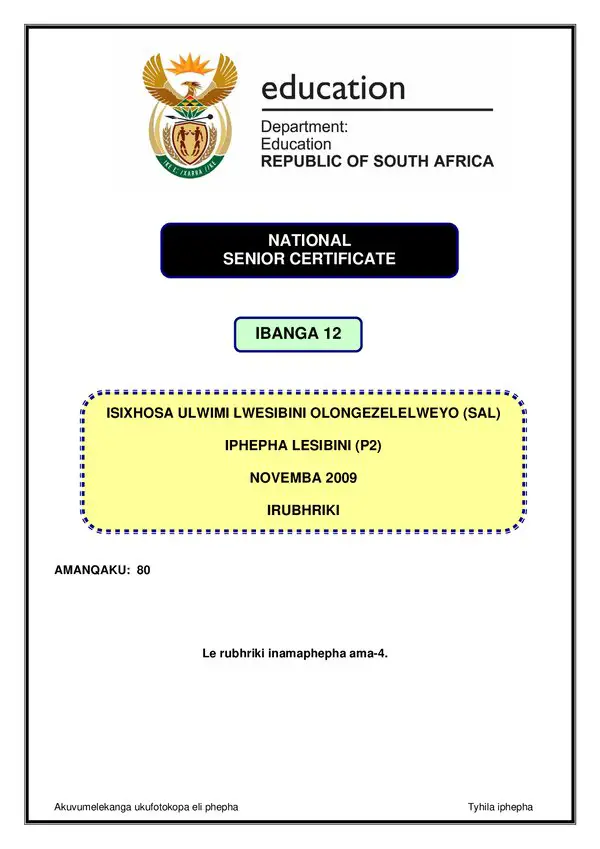 Grade 12 isiXhosa past paper 2009 – IsiXhosa SAL P2 Rubrics