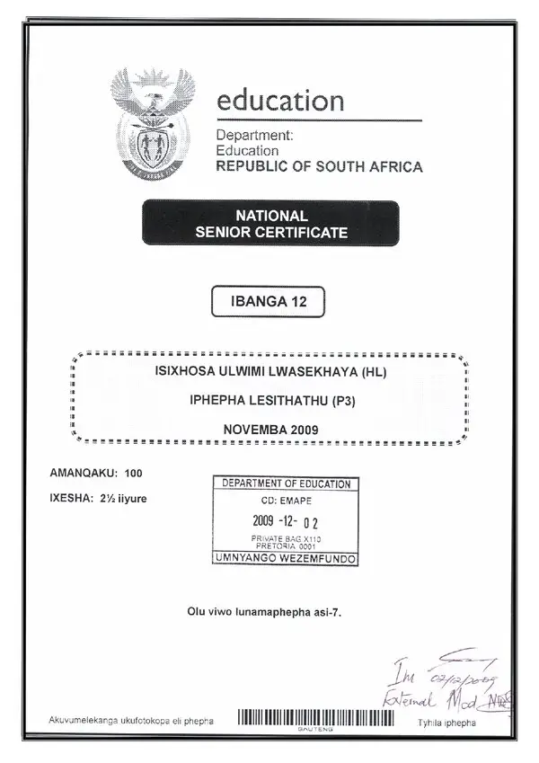 Grade 12 isiXhosa past paper 2009 – IsiXhosa HL P3 Rubrics