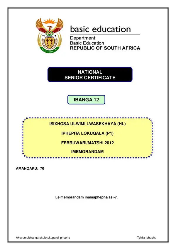 Grade 12 isiXhosa past paper 2012 – IsiXhosa HL P1 memo