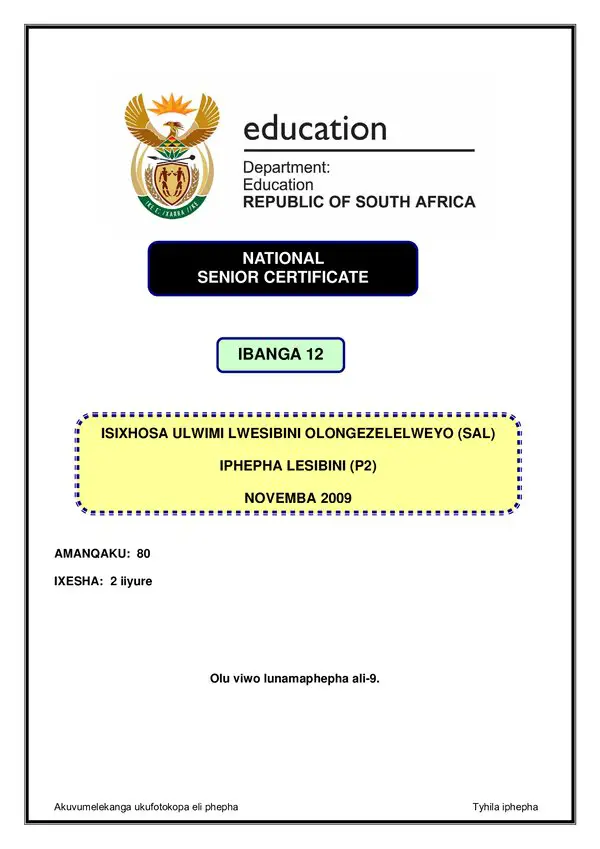 Grade 12 isiXhosa past paper 2007 – IsiXhosa SAL P2