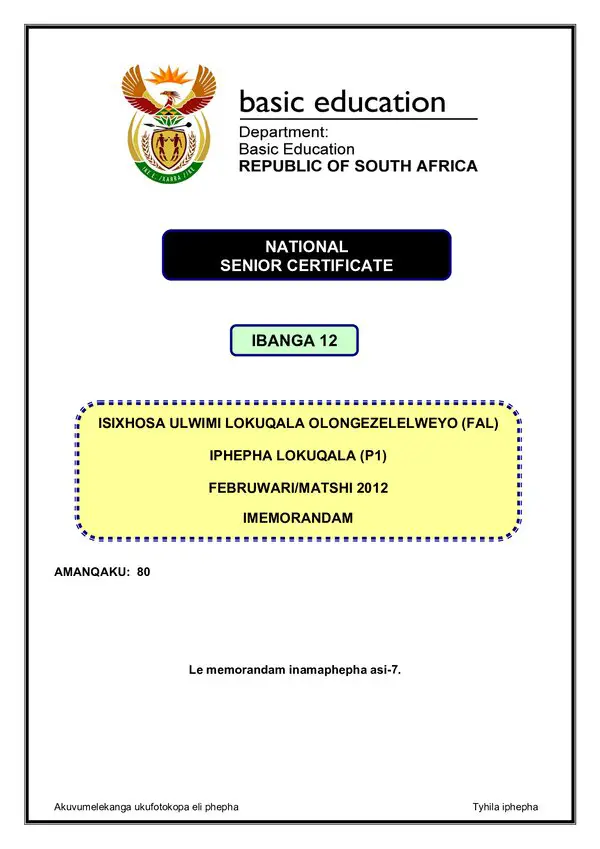 Grade 12 isiNdebele past paper 2010 – IsiNdebele FAL P1 memo