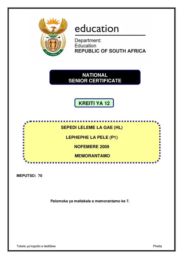 Grade 12 Sepedi past paper 2009 – Sepedi HL P1 memo